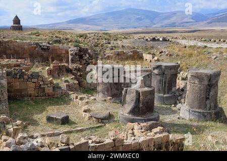 Colonnes du temple du feu zoroastrien, site archéologique d'Ani, Kars, Turquie Banque D'Images