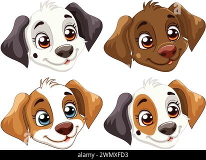 Quatre visages de chien de dessin animé illustrés par vecteur mignon. Illustration de Vecteur