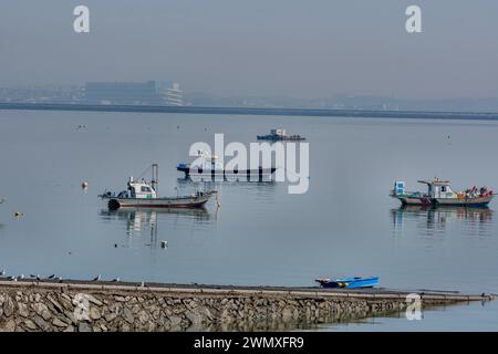 Petits bateaux de pêche ancrés dans le port près de la rampe de bateau le matin couvert brumeux à Donjin, Corée du Sud Banque D'Images