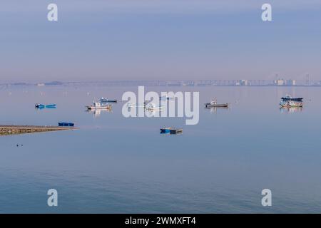 Petits bateaux de pêche ancrés dans le port près de la rampe de bateau le matin couvert brumeux à Donjin, Corée du Sud Banque D'Images