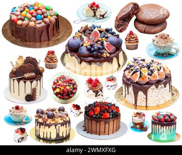 Collage de desserts au chocolat. Gâteaux, cupcakes, biscuits, crèmes glacées, meringues, donuts isolé sur fond blanc, png Banque D'Images