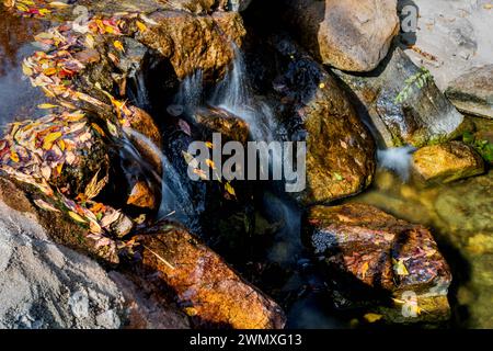 Gros plan de l'eau d'un petit ruisseau coulant sur des rochers, en Corée du Sud Banque D'Images