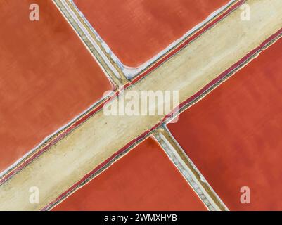 Étangs salins à l'usine de sel Bonanza près de Sanlucar de Barrameda. La couleur rouge dépend du niveau de salinité et est directement causée par le Banque D'Images