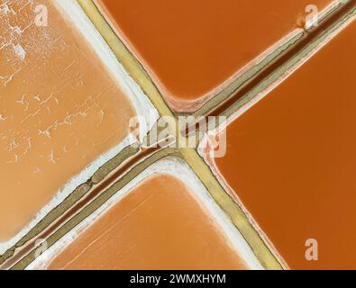 Étangs salins à l'usine de sel Bonanza près de Sanlucar de Barrameda. La couleur rougeâtre dépend du niveau de salinité et est directement causée par le Banque D'Images