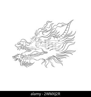 Tête de dragon vecteur chinois oriental. Symbole traditionnel du zodiaque chinois. Le dragon serpent est fabriqué dans un style linéaire dessiné à la main. Illustration de Vecteur