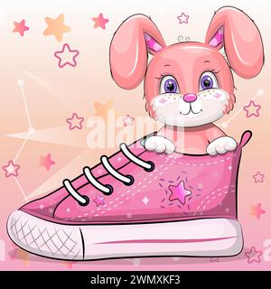 Un joli lapin rose de dessin animé avec une sneaker. Illustration vectorielle d'un animal sur un fond rose et orange avec des étoiles. Illustration de Vecteur