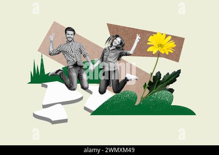 Collage 3d pinup pop rétro image d'esquisse de couple funky excité appréciant marcher ensemble fond de peinture isolé Banque D'Images