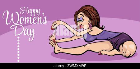 Carte de voeux ou conception de bannière pour la Journée des femmes avec une femme de dessin animé pratiquant le yoga et peignant ses orteils Illustration de Vecteur