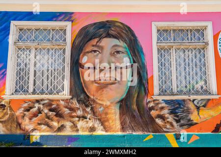 Graffito coloré à l'image d'une femme indigène, Street art dans la ville de Punta Arenas, Patagonie, Chili Banque D'Images