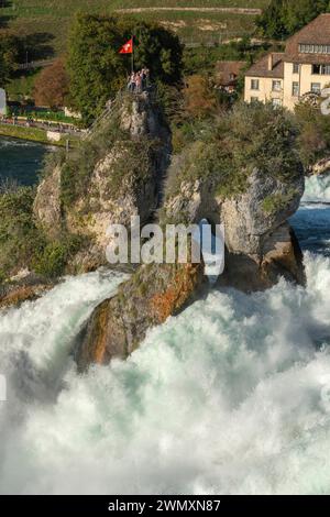 Chutes du Rhin vues du château de Laufen, île rocheuse, drapeau suisse, spray, canton de Zurich, sur Neuhausen, Suisse Banque D'Images