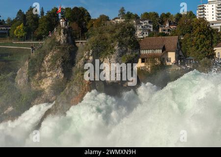 Chutes du Rhin vues du château de Laufen, île rocheuse, drapeau suisse, spray, canton de Zurich, sur Neuhausen, Suisse, Europe Banque D'Images