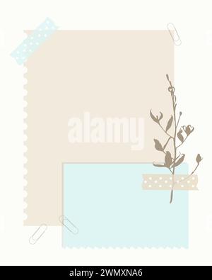 Mise en page de scrapbooking magnifiquement agencée avec des couches de papier de couleur pastel dans des tons bleus et beiges, ornée d'une brindille botanique et sécurisée avec des trombones. Le design dégage un charme subtil, parfait pour préserver les souvenirs chers. Illustration de Vecteur