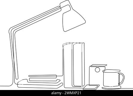 Dessin au trait continu de l'espace awork confortable moderne. Une ligne continue est le concept d'une lampe de travail dossiers livres tasse boisson chaude blanche. C Illustration de Vecteur