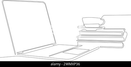 Dessin au trait continu d'un bureau avec des appareils modernes et de la papeterie de bureau. Espace de travail. Lieu de travail à domicile. Téléphone et ordinateur portable sur la table décorée avec ro Illustration de Vecteur