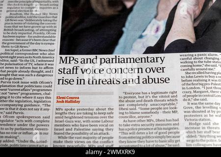 "Les députés et le personnel parlementaire expriment leur inquiétude face à l'augmentation des menaces et des abus" titre du journal Guardian 24 février 2024 Londres Royaume-Uni Banque D'Images