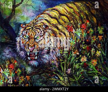 Peinture d'art à l'huile couleur panthera tigris tigre dans la forêt Banque D'Images