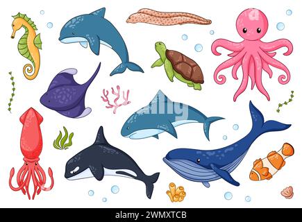 Animaux sous-marins dans le style de dessin animé. Créatures sauvages sous-marines baleine bleue, poisson clown, dauphin, épaulard, moray, poulpe, hippocampe, calmars Illustration de Vecteur