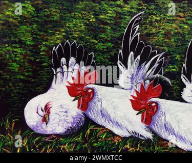 Peinture d'art à l'huile couleur poule et poulet Banque D'Images