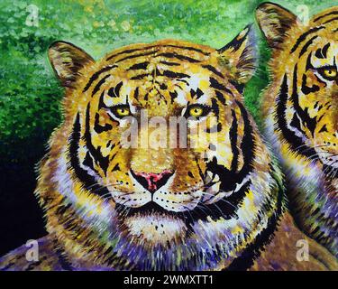 Peinture d'art à l'huile couleur panthera tigris tigre dans la forêt Banque D'Images