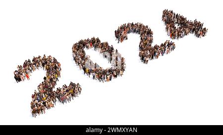Concept ou conceptuel grande communauté de personnes formant 2024 ans. 3d métaphore de l'illustration pour la célébration, la fête, la fête, l'espoir, l'avenir, prospérité Banque D'Images