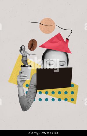 Affiche de collage vertical jeune femme tête cachée bouche tenir le café tasse caféine boisson de haricot maison toit cheminée boisson chaude Banque D'Images