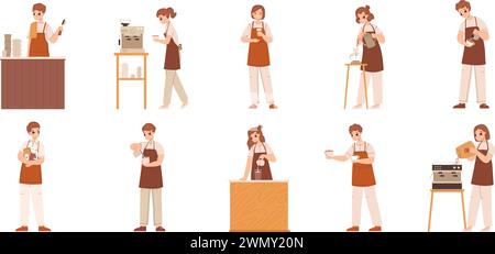 Personnages de barista. Adolescents mignons travaillant dans un café. Jeunes adultes prenant un verre au bar. Propriétaires de cafés ou employés de travailleurs, ensemble de vecteurs serrés Illustration de Vecteur