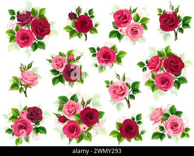 Roses rouges et roses. Grand ensemble d'éléments de conception vectorielle avec des fleurs roses rouges et roses et des feuilles vertes isolées sur un fond blanc Illustration de Vecteur