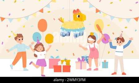 Party Pinata pour la célébration d'anniversaire des enfants. Enfant frappant pinata avec des confettis, divertissement festif drôle. Enfants de dessin animé s'amusant, vecteur douillet Illustration de Vecteur