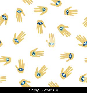 Motif yeux Hamsa, effet yeux magiques sans couture.Magie, sorcellerie, symbole occulte.Yeux bleus blancs dorés.Papier peint textile en tissu Illustration de Vecteur