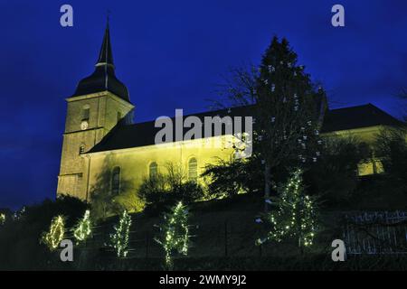 France, territoire de Belfort, Rougegoutte, Square, église Saint Georges, décorations de Noël, sapins Banque D'Images