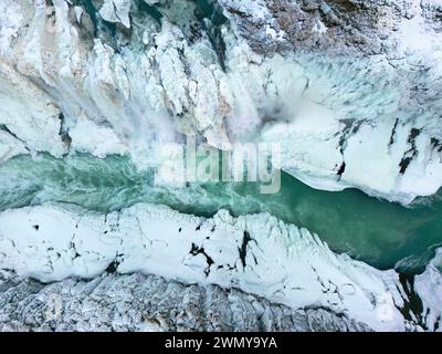 Islande, Côte Sud, région de Vesturland, la rivière Hvit et la cascade Gullfoss (vue aérienne) Banque D'Images