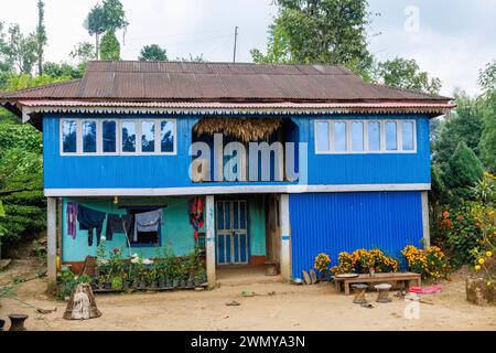 Népal, Nayabazar, municipalité rurale de Maijogmai à Ilam, maison fleurie au bord de la route Banque D'Images