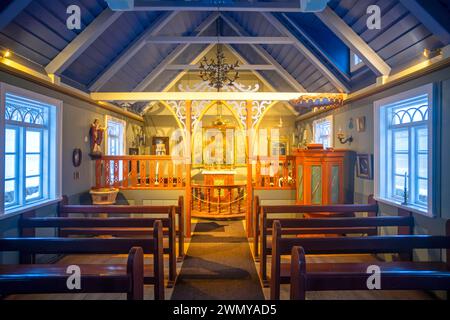 Islande, Côte Sud, région de Sudurland, Skogar, musée Skogar, village transformé en musée à ciel ouvert, intérieur de l'église Banque D'Images