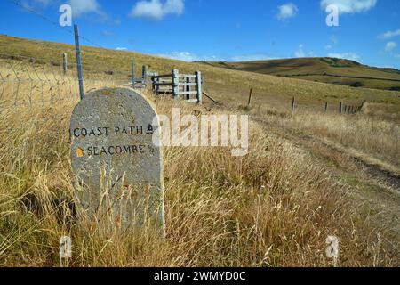 Panneau Coast Path Seacombe, île de Purbeck, Dorset, Royaume-Uni Banque D'Images