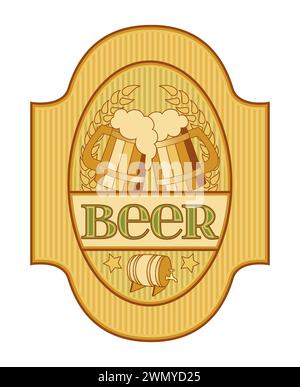 Conception d'étiquette de bière avec tasses de bière, baril de bière et blé Illustration de Vecteur