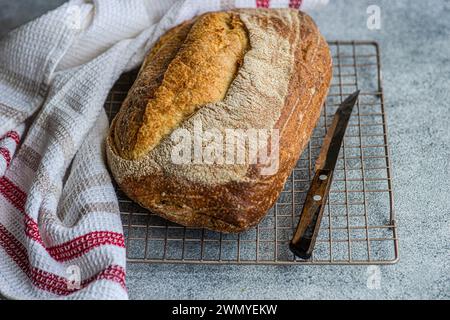 Un pain de levain de seigle fraîchement cuit se refroidit sur une grille métallique, accompagné d'un couteau à pain et d'un chiffon blanc avec des rayures rouges Banque D'Images