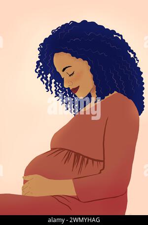 Un portrait illustré d'une femme ethnique attendue de contenu tenant doucement sa bosse de bébé, rayonnant de calme et d'amour maternel. Banque D'Images