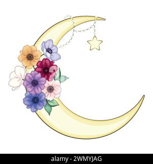 Croissant de lune décoré de fleurs, feuilles anémone, pivoine, magnolia, violette, un beau bouquet Illustration de Vecteur