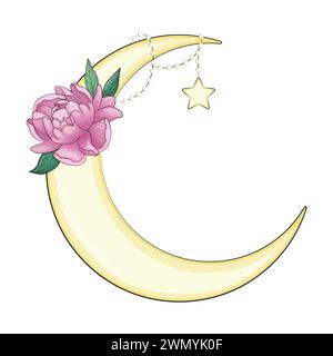 Croissant de lune décoré de fleurs, feuilles anémone, pivoine, magnolia, violette, un beau bouquet Illustration de Vecteur