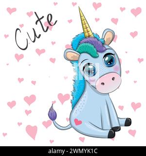 Poney bleu licorne assis. Carte de bébé mignonne, bébé avec de grands yeux. Illustration de Vecteur