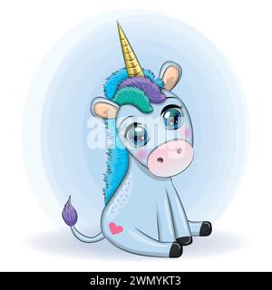 Poney bleu licorne assis. Carte de bébé mignonne, bébé avec de grands yeux. Illustration de Vecteur