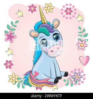 Poney bleu licorne assis. Carte de bébé mignonne, bébé avec de grands yeux. Illustration de Vecteur