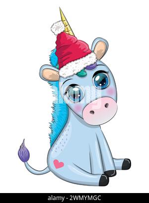 Joli dessin animé unicorn en chapeau de père noël avec cadeau, boule de noël, bonbon kane. Nouvel an et vacances de Noël. Illustration de Vecteur