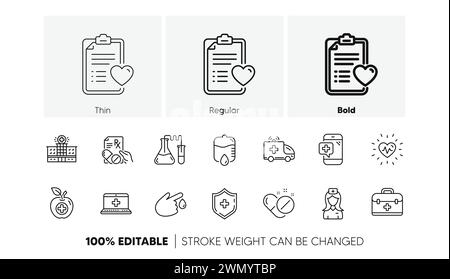 Icônes de ligne médicale. Assistance hospitalière, régime alimentaire santé et laboratoire. Jeu d'icônes linéaires. Icônes de ligne. Vecteur Illustration de Vecteur