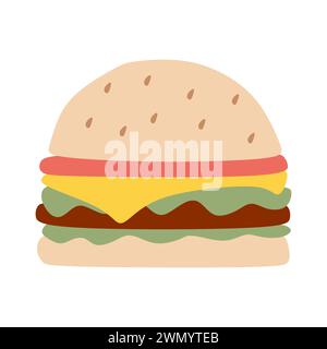 Icône hamburger Flat sur fond blanc. Hamburger avec salade, tomates, fromage et côtelette. Restauration rapide. Illustration vectorielle de dessin animé. Repas pour pique-nique, BBQ. Illustration de Vecteur