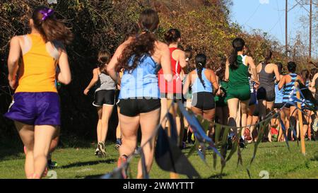 Wappingers Falls, New York, États-Unis - 18 novembre 2023 : vue arrière de nombreuses lycéennes courant dans un 5K à Bowdoin Park New York, Banque D'Images