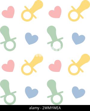Modèle sans couture de vecteur de sucette plate de bébé et silhouette de coeurs isolé sur fond blanc Illustration de Vecteur