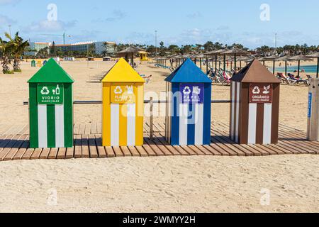 Bacs de recyclage assortis sur la plage de Caleta de Fuste sur la côte est de l'île des Canaries de Fuerteventura, Espagne Banque D'Images