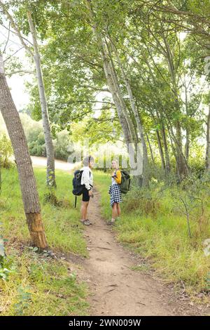 Deux femmes font une pause pour discuter lors d'une randonnée sur un chemin de terre entouré de verdure, avec un espace de copie Banque D'Images