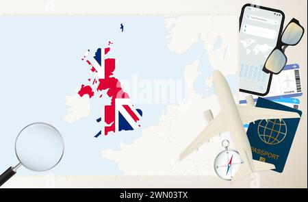 Carte et drapeau du Royaume-Uni, avion cargo sur la carte détaillée du Royaume-Uni avec drapeau, passeport, loupe et avion. Modèle vectoriel. Illustration de Vecteur